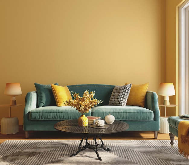 Blue sofa and yellow wall in living room with table and lamp