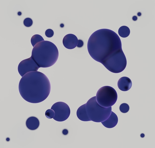 Foto bolle morbide blu su sfondo bianco. incorniciato in uno sfondo di molecole di onde sintetiche di melma.