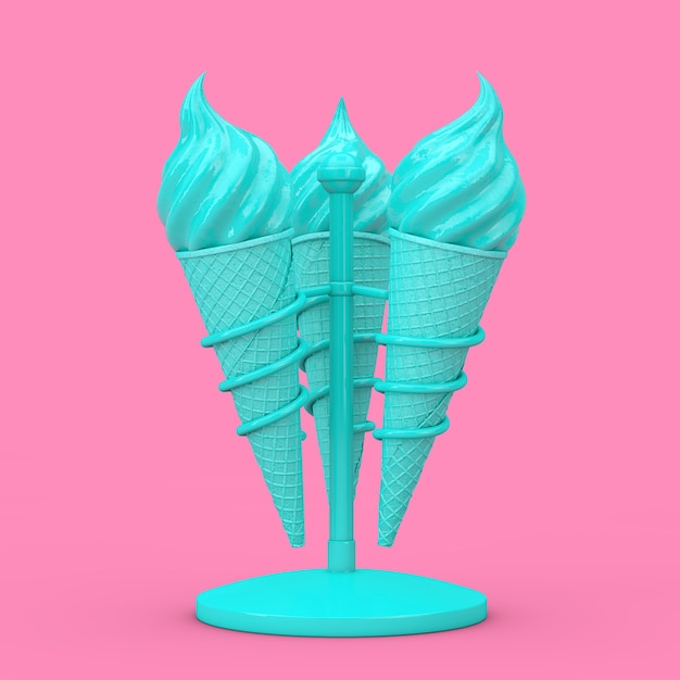 Мороженое Blue Soft Serve в вафельных хрустящих рожках для мороженого в держателях в двухцветном стиле на розовом фоне. 3d рендеринг