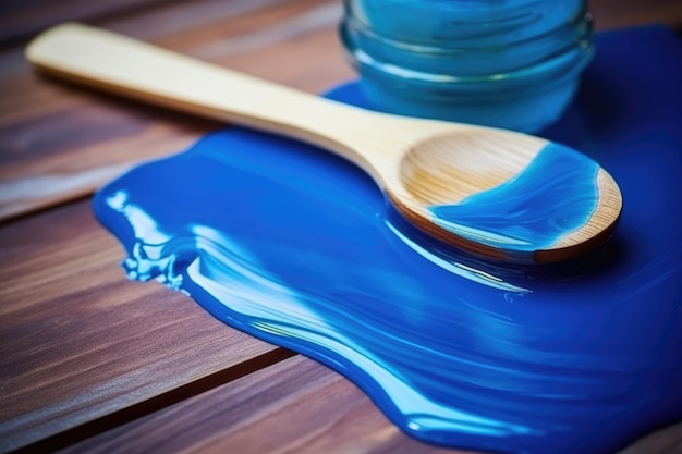 Blue soft wax on wooden spoon Depilation concept