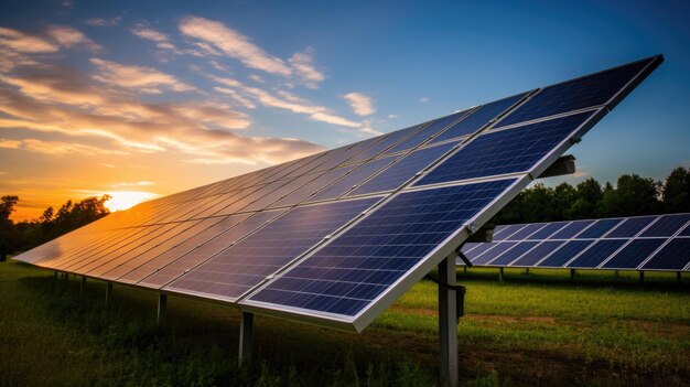 Foto pannelli solari blu in campo sullo sfondo del cielo al tramonto fonte alternativa di elettricità fattoria solare