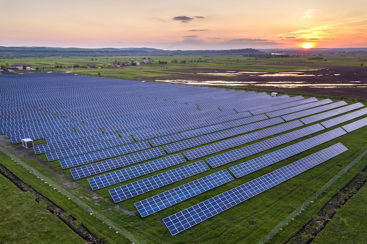 Photo blue solar photo voltaic panels system producing renewable clean energy on rural landscape