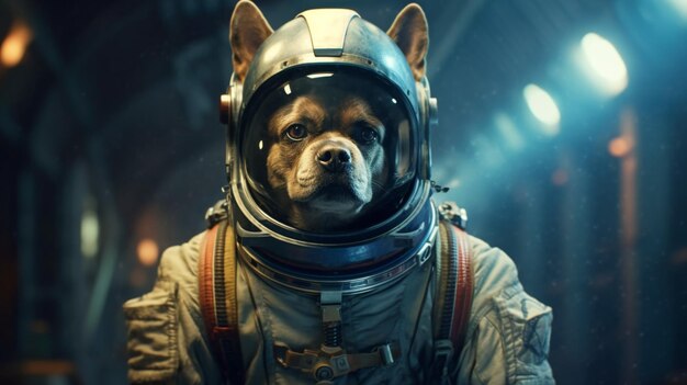 A blue space dog in a space suit