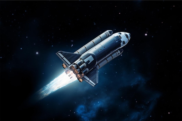 A blue space shuttle is flying through a dark back