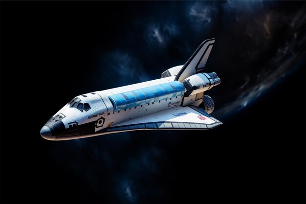 A blue space shuttle is flying through a dark back