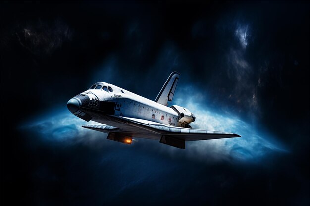 A blue space shuttle is flying through a dark back