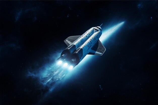 A blue space shuttle is flying through a dark back