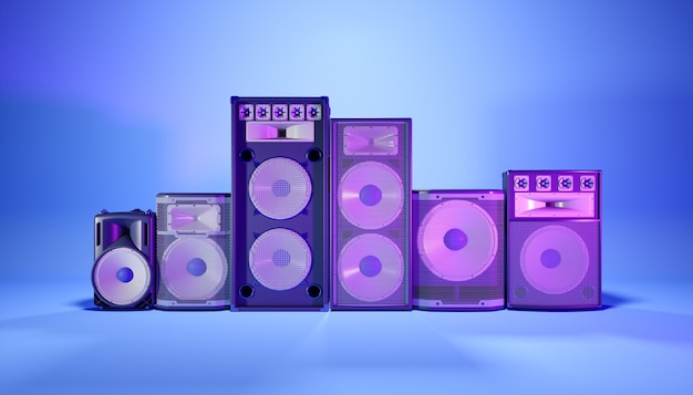 Blue speaker system on a blue background in purple lighting, 3d illustration