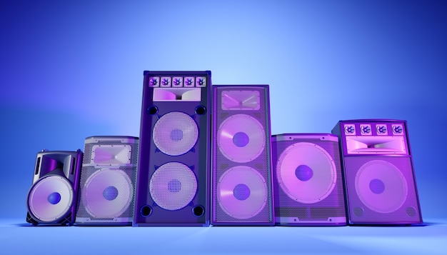 Photo blue speaker system on a blue background in purple lighting, 3d illustration