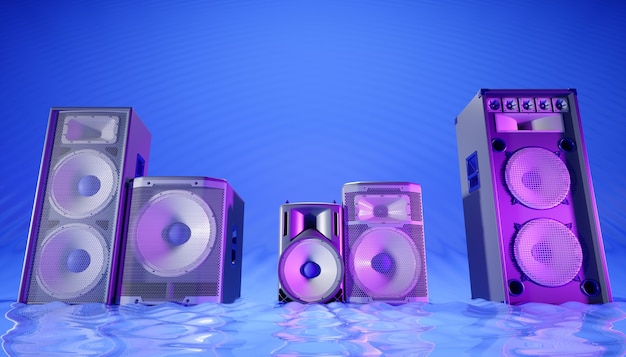 Photo blue speaker system on a blue background in purple lighting, 3d illustration