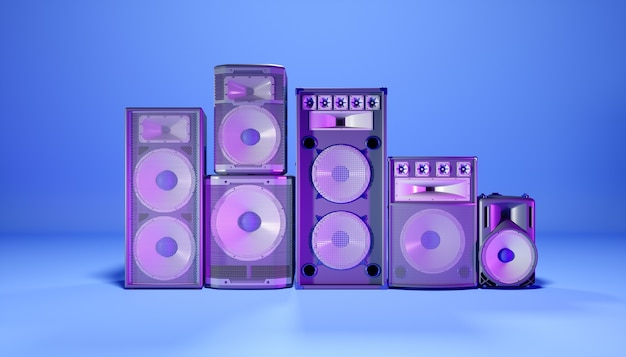 Blue speaker system on a blue background in purple lighting, 3d illustration