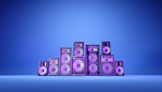 Photo blue speaker system on a blue background in purple lighting, 3d illustration