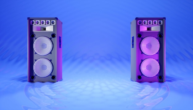 Фото Синяя акустическая система на синем фоне в фиолетовом освещении, 3d иллюстрация