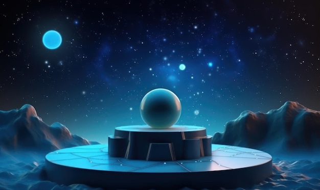 A blue sphere on a hill with a starry sky in the background.