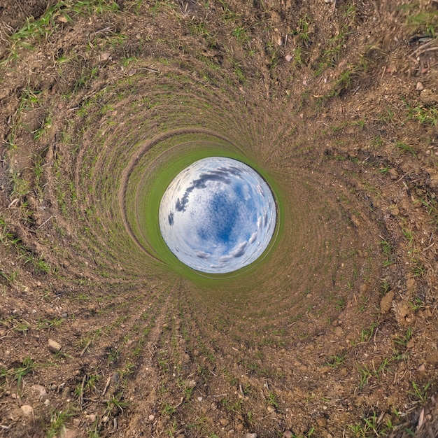 緑の草の丸いフレームの背景の中の青い球の小さな惑星