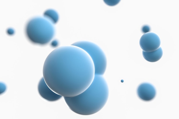 Blue spheres and molecular model random distributed 3d rendering