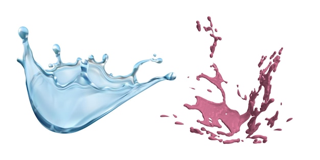 A blue splash of water with pink splashes and a red splash.