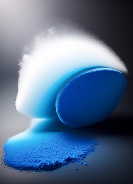 A blue sponge is on a table with a drop of water