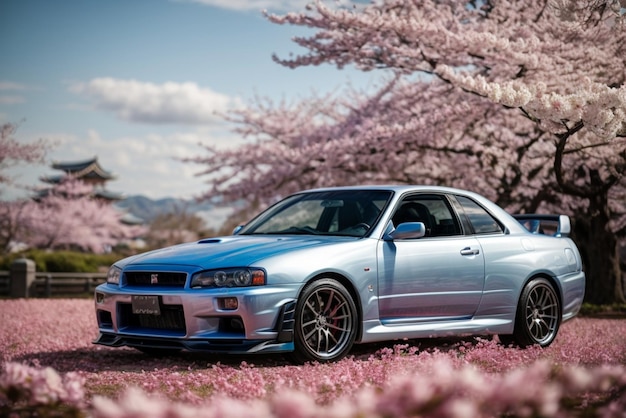 Blue sports car against the background of cherry blossoms