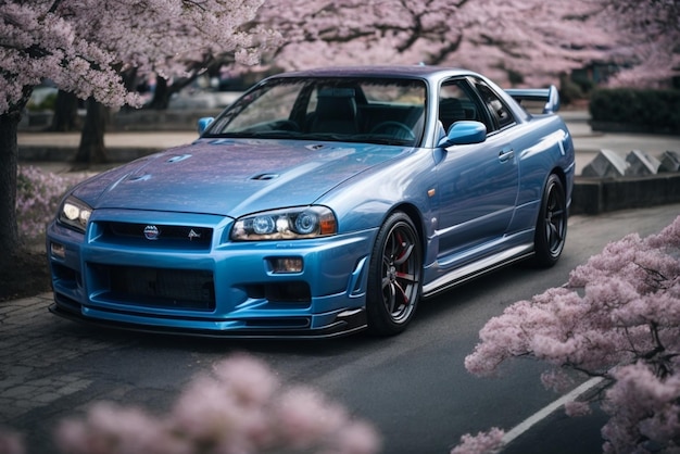 写真 桜の花を背景に青いスポーツカー