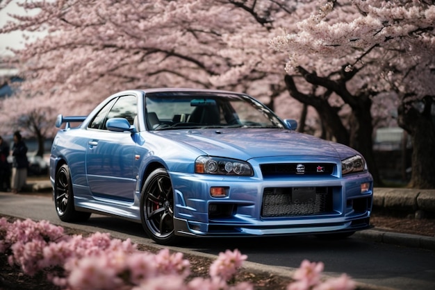 写真 桜の花を背景に青いスポーツカー