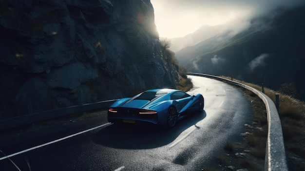 A blue sports car driving on a mountain road