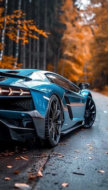 a blue sports car is parked on a road with trees in the background