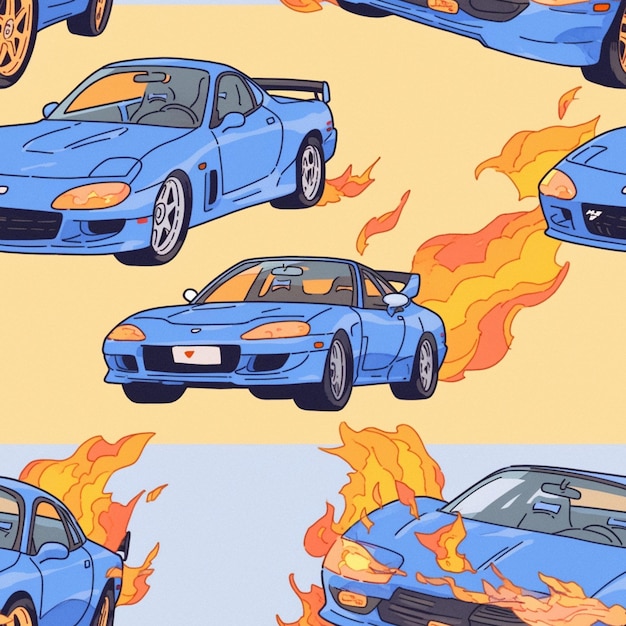 Photo a blue sports car with flames on it