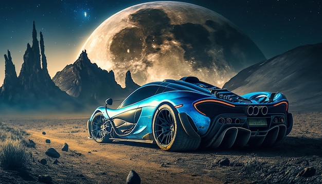 A blue sports car with a full moon behind it