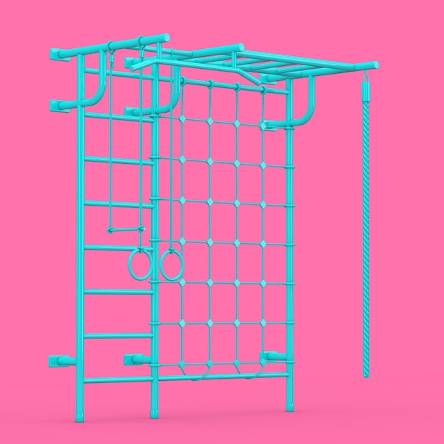 Spalliera per bambini blu per giochi sportivi in stile bicolore su sfondo rosa. rendering 3d