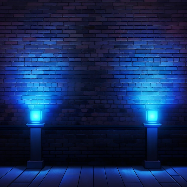 Blue spotlights on a brick wall background