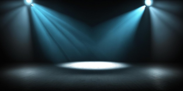 Blue spotlights shine on stage floor in dark room