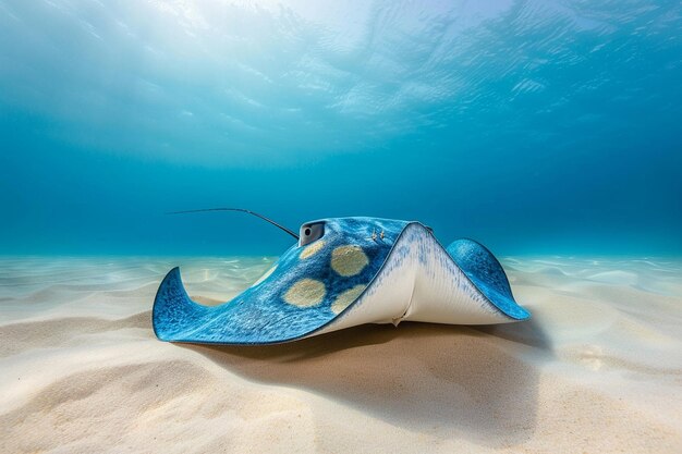 Foto raggi a macchie blu che riposano sul fondo sabbioso dell'oceano