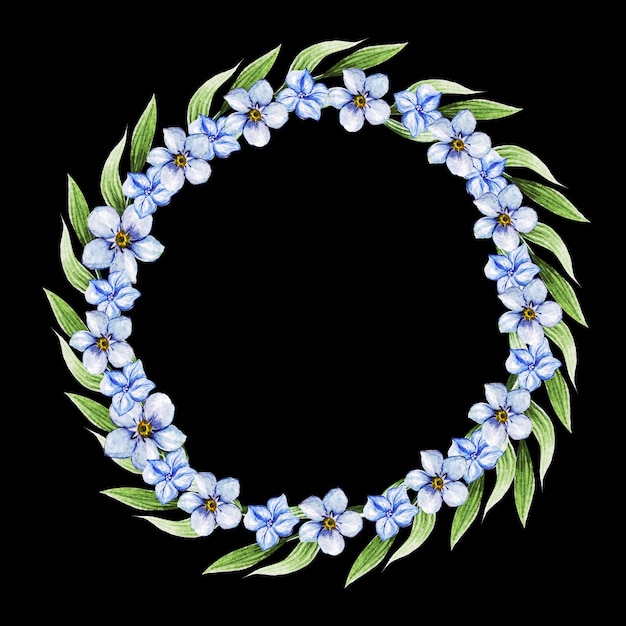 Blue spring flowers in wreath for wedding. Decorative element  