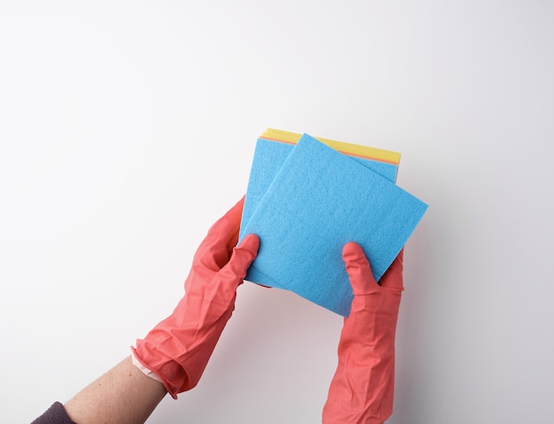 Blue square absorbent sponges in their hands wearing red rubber gloves