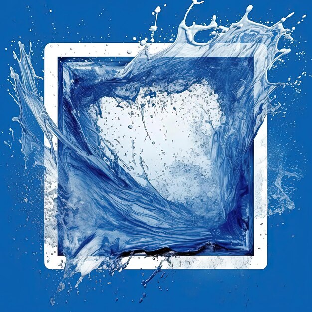 a blue square with white splashes of water on a background