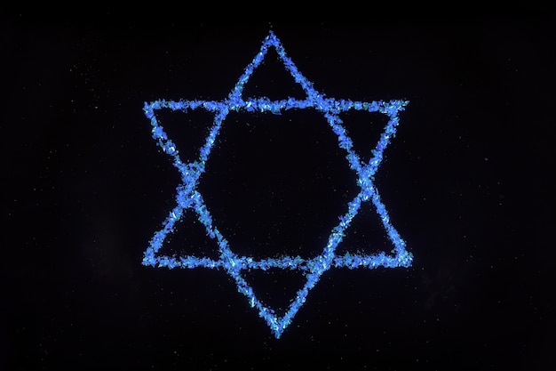 Stella blu di david. simbolo ebraico su sfondo nero.