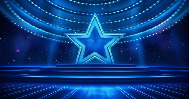 A blue star on a stage with a blue background