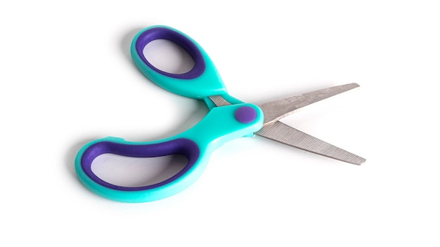 Blue stationery scissors isolated on a white background. High quality photo