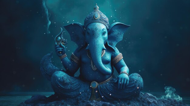 A blue statue of a blue elephant sits in a lotus position.