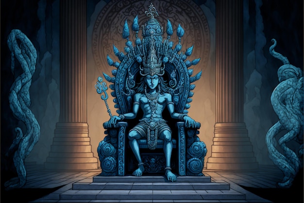 A blue statue of a god sitting on a throne.