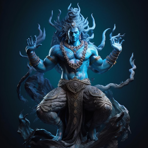 A blue statue of a god with a white face and a red head.