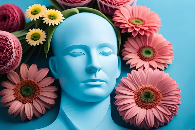 Photo a blue statue of a woman with flowers in the background