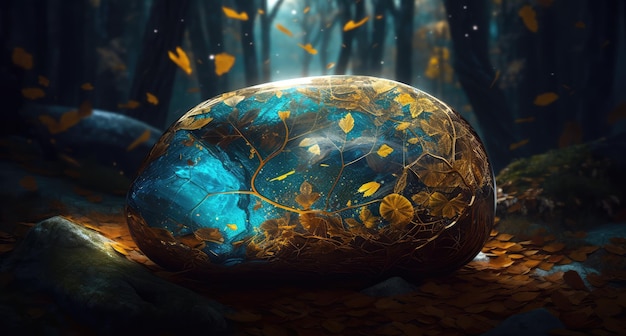 A blue stone with leaves on it in the forest