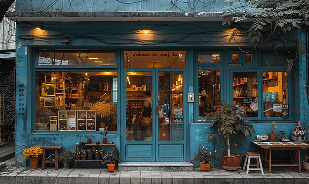 Голубая витрина магазина с голубой дверью, на которой написано: "Ла-ла-ла, ла-ла, ля-ла, лей-лей-лей".