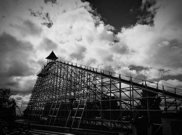 blue streak rollercoaster against cloudy sky in cedar point
