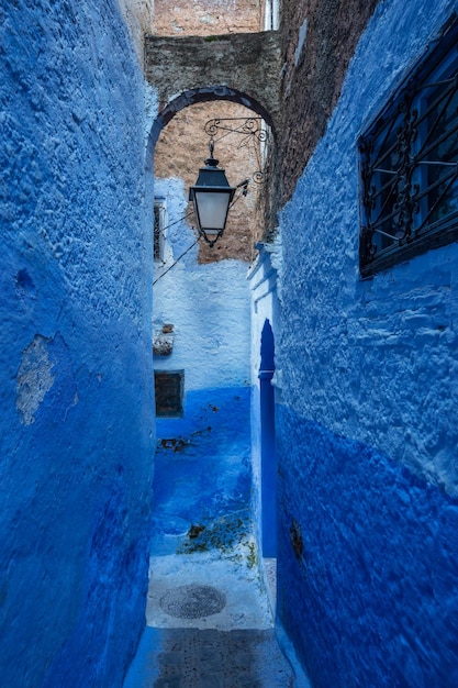 Blue street with lantern in Chefchaouen