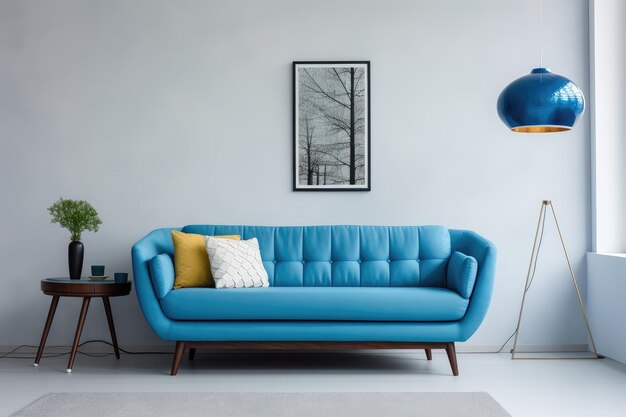 Blue stylish sofa near grunge concrete wall loft interior