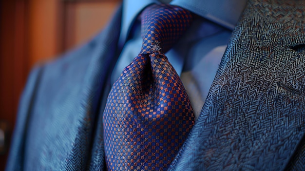 Blue suit with orange patterned tie