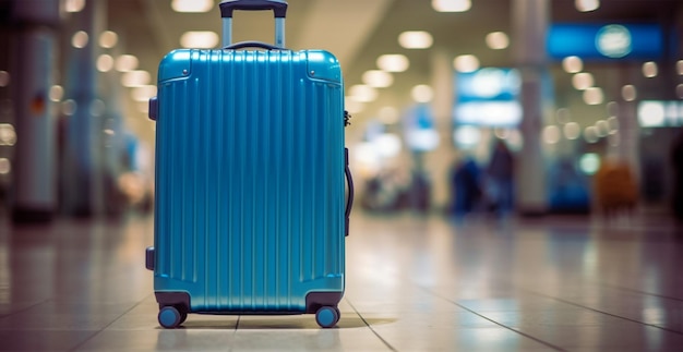 Синий чемодан багажа в аэропорту, созданное AI изображение